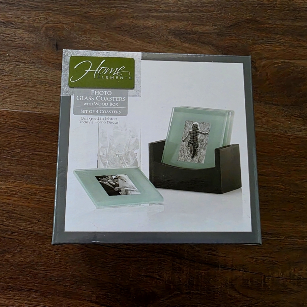 NWT Photo Glass Coasters with Wood Storage Box Man Cave Fathers Day